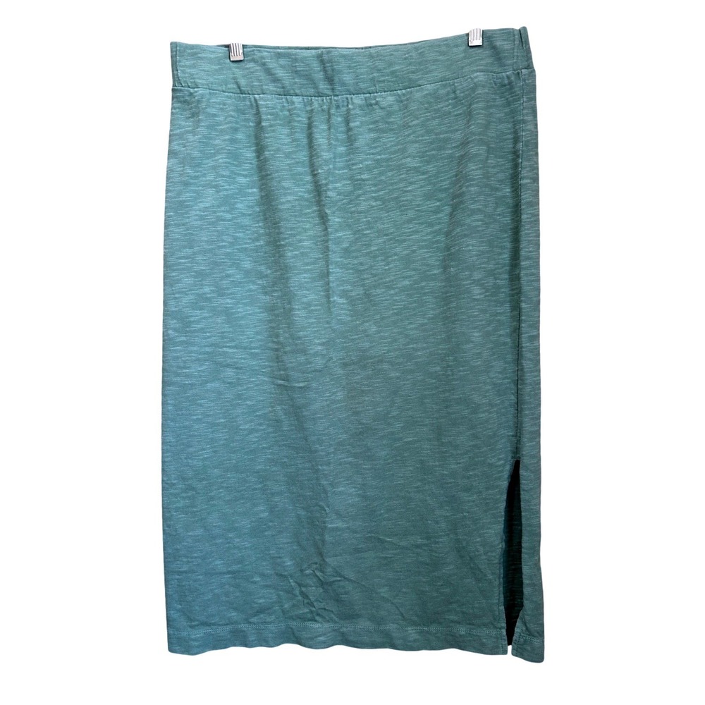 Lou & Grey Womens XL Sage Green Cotton Slub Knit Midi Skirt Side Slit Elastic